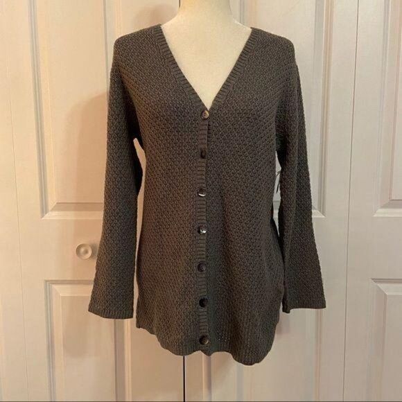 Jones New York Grey Knit V Neck Button Front Cardigan Sweater Large New - Picture 3 of 8